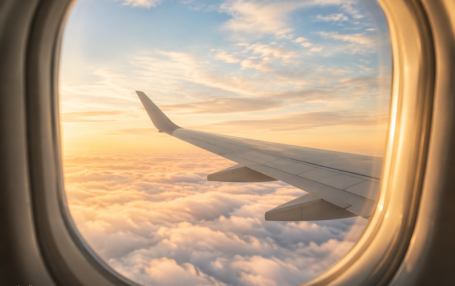 Calm view from an airplane window over a steady wing above soft clouds